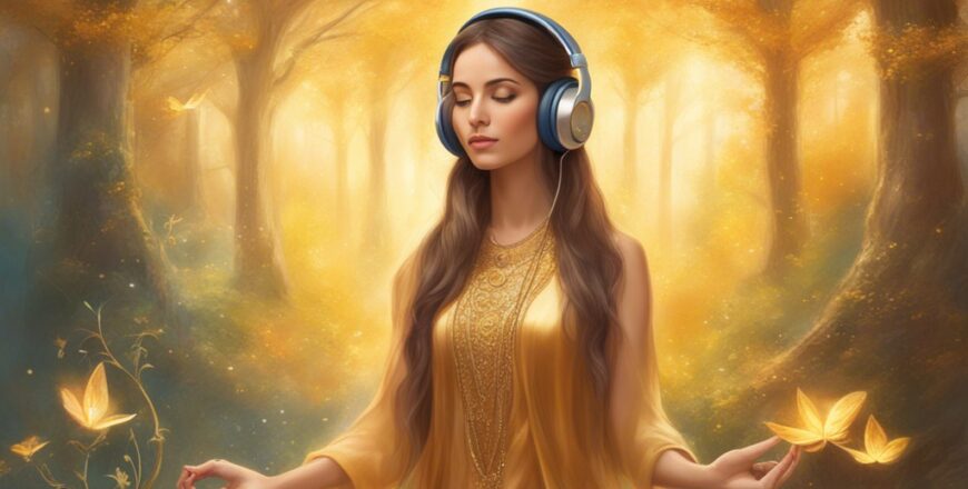 woman meditating with headphones in a golden garden