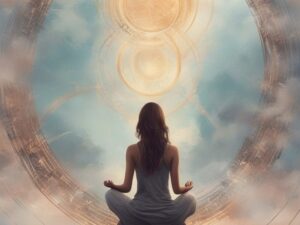 woman sitting in meditation thoughts in circles rising top of head