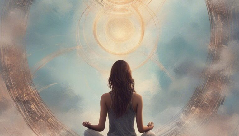 woman sitting in meditation thoughts in circles rising top of head